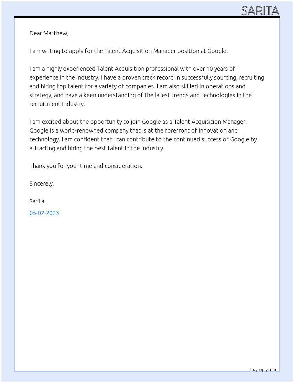Talent Acquisition Manager At Google Cover Letter
