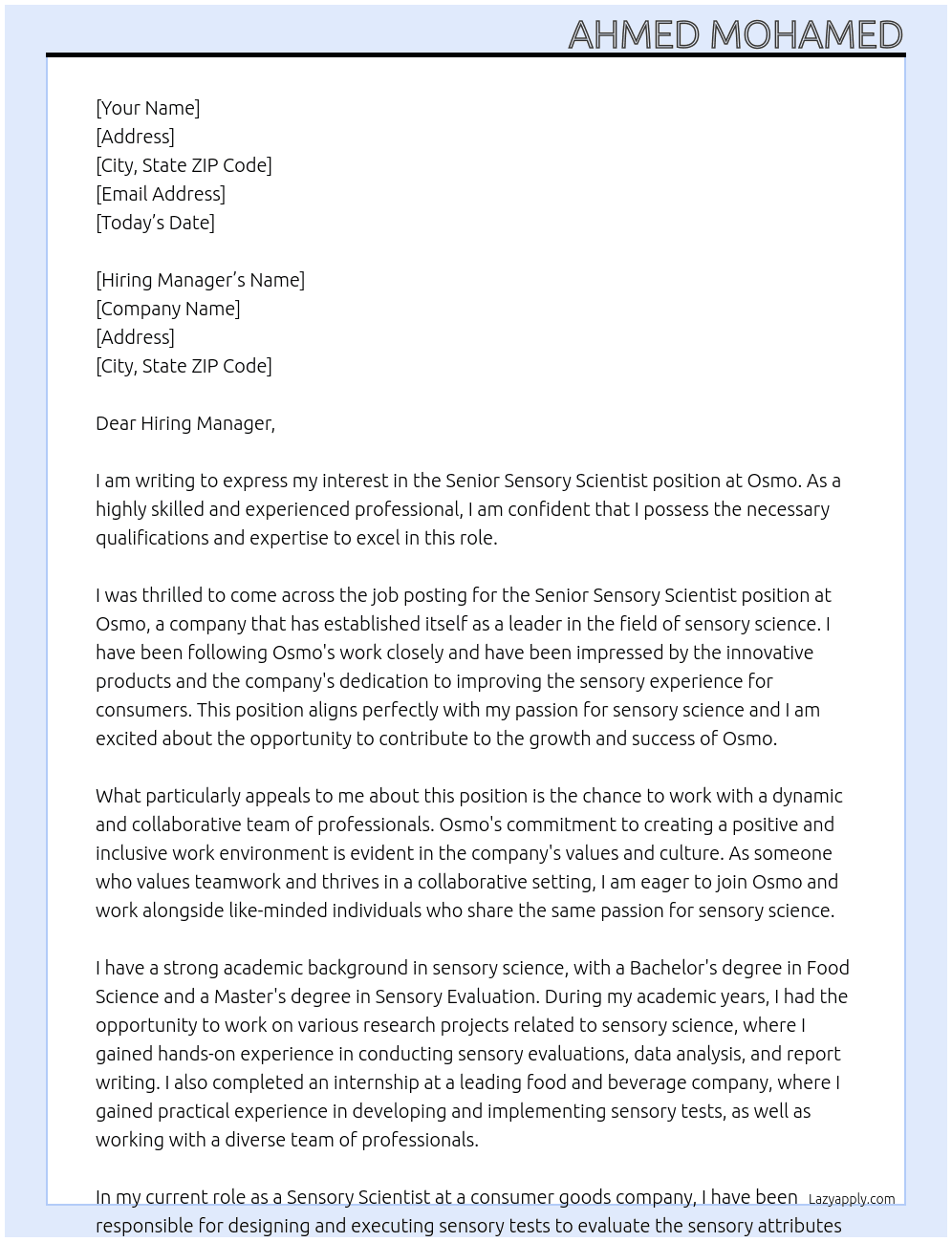 Senior Sensory Scientist At Osmo Cover Letter