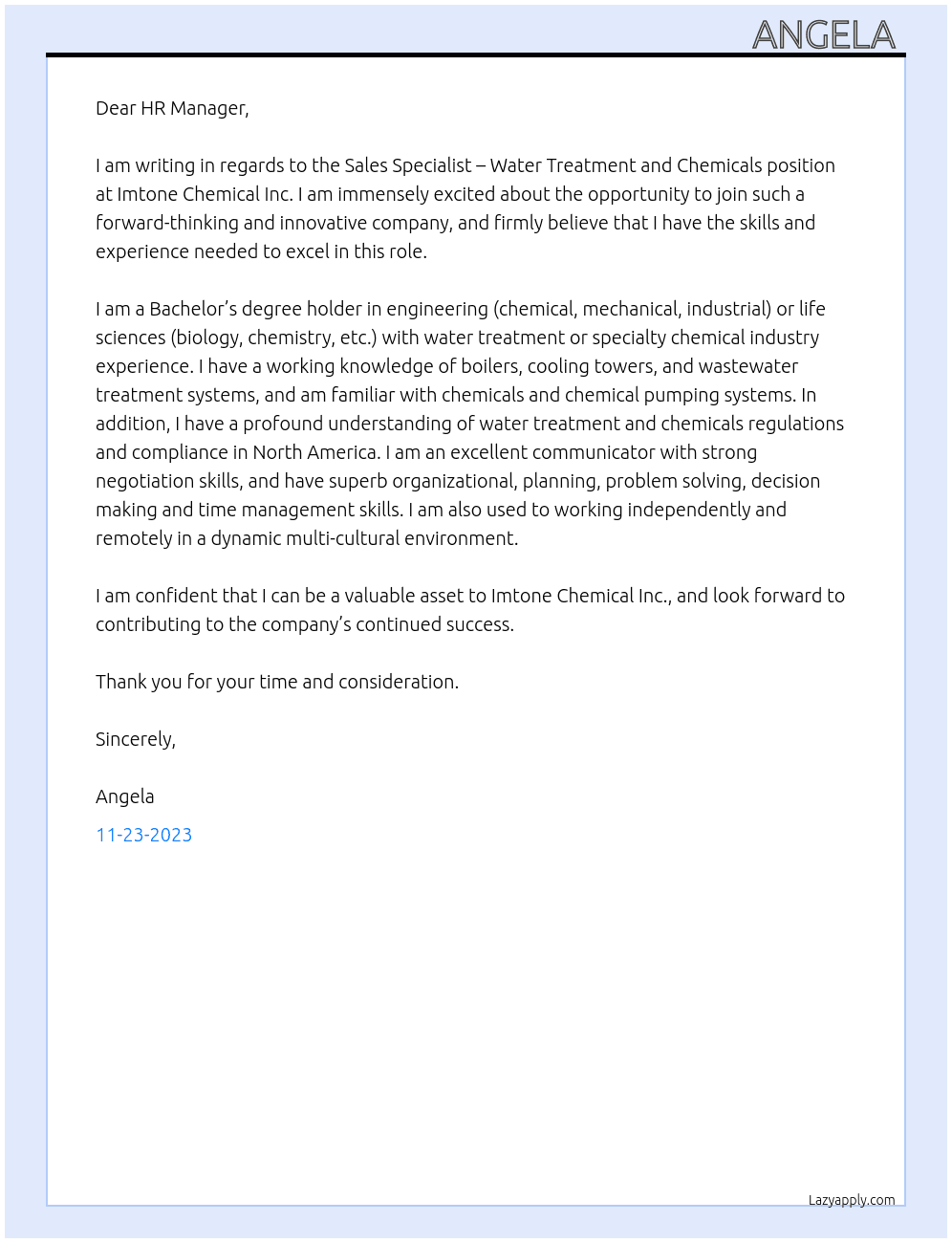 Sales Specialist – Water Treatment and Chemicals At Imtone Chemical Inc. Cover Letter