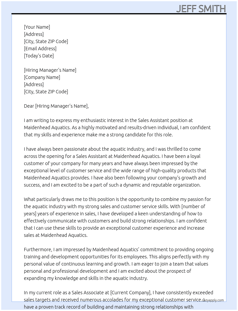 Sales assistant At Maiden head aquatics Cover Letter
