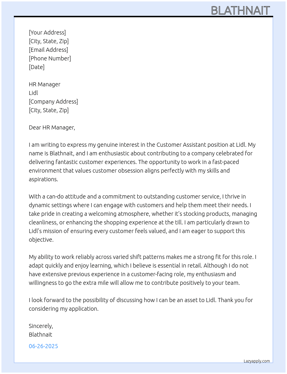 customer assistant  At lidl Cover Letter