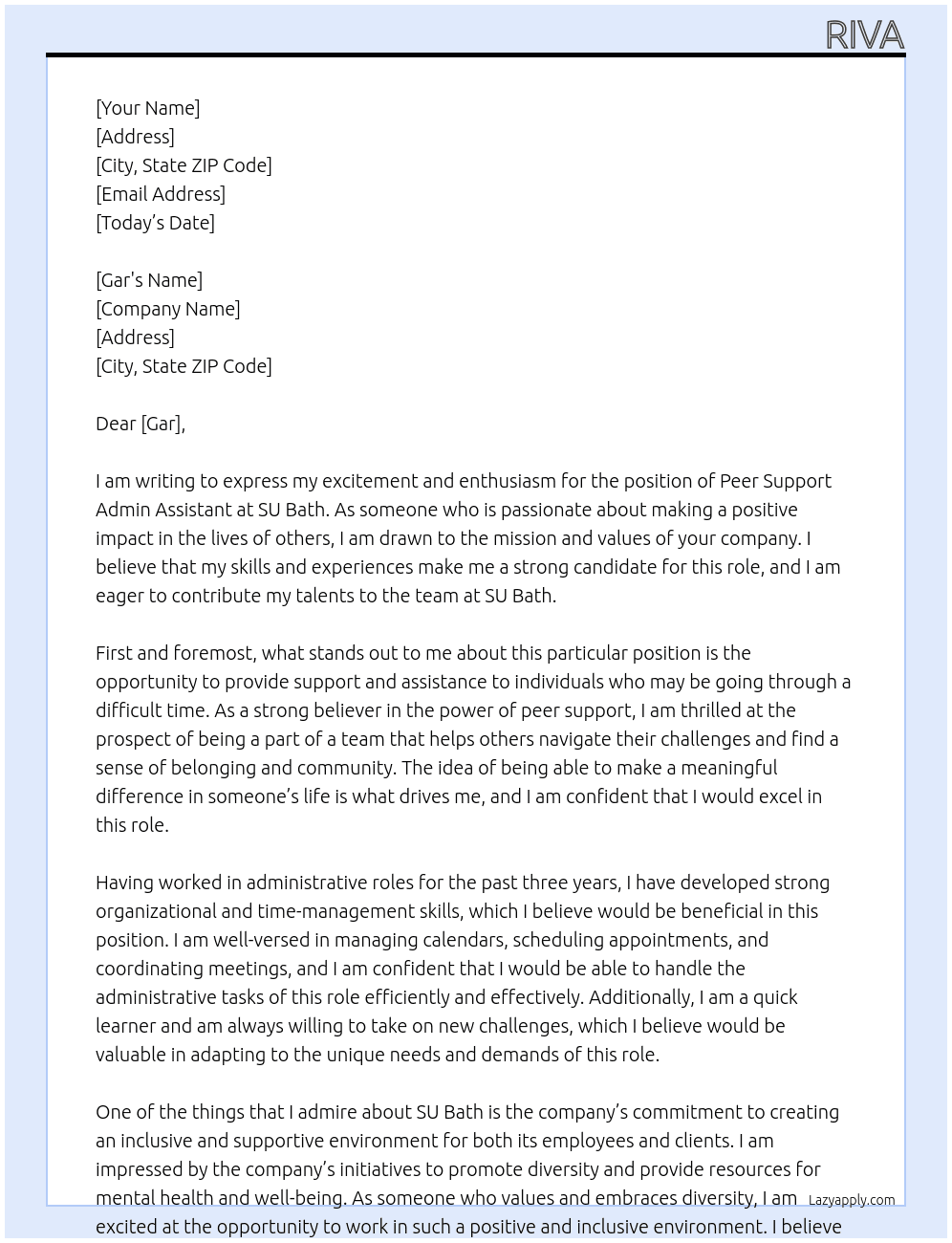  Peer Support Admin Assistant At SU Bath Cover Letter