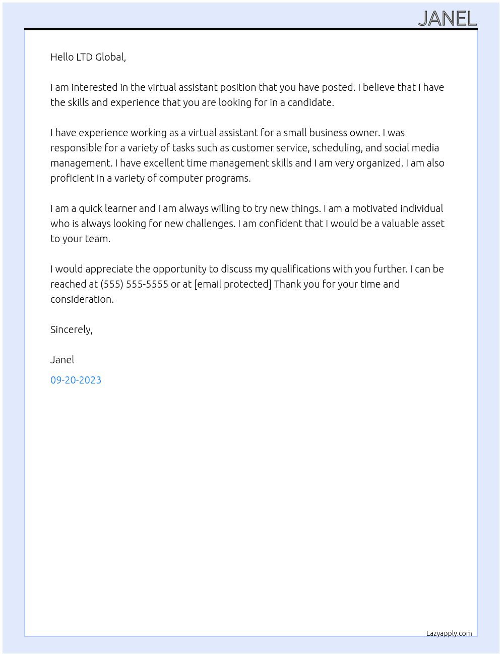 Virtual Assistant At LTD Global Cover Letter