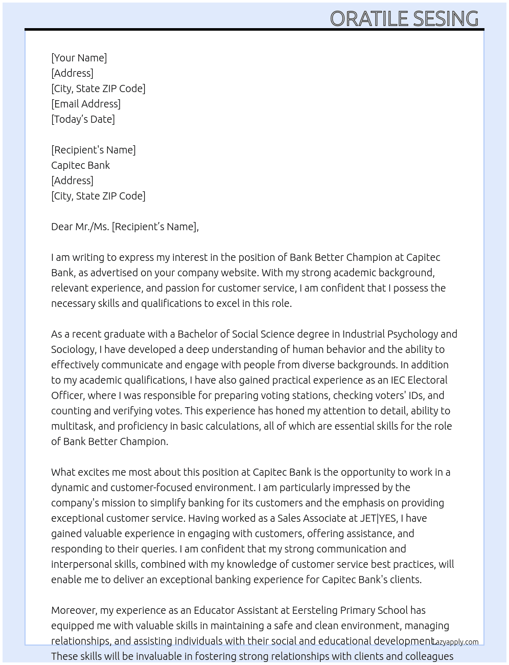 bank better champion At capitec bank  Cover Letter