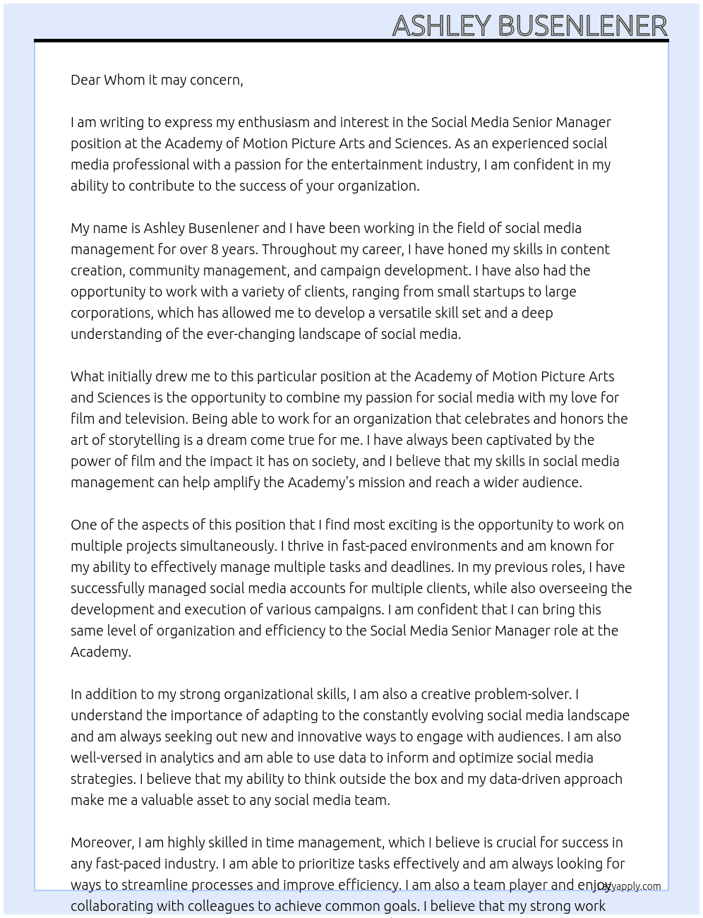 Social Media Senior Manager At Academy of Motion Picture Arts and Sciences Cover Letter