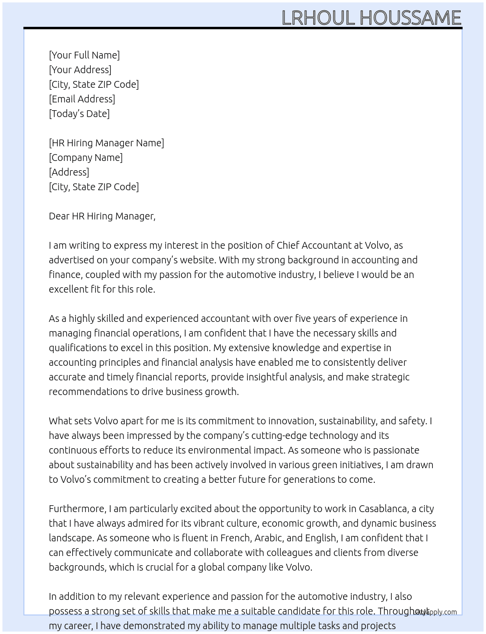 Chief Accountant At Volvo Cover Letter