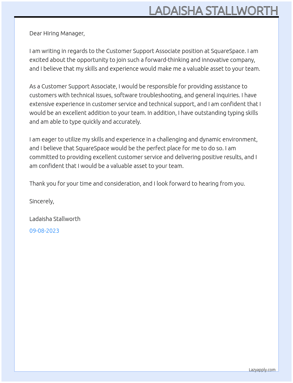 Customer Support Associate At SquareSpace  Cover Letter