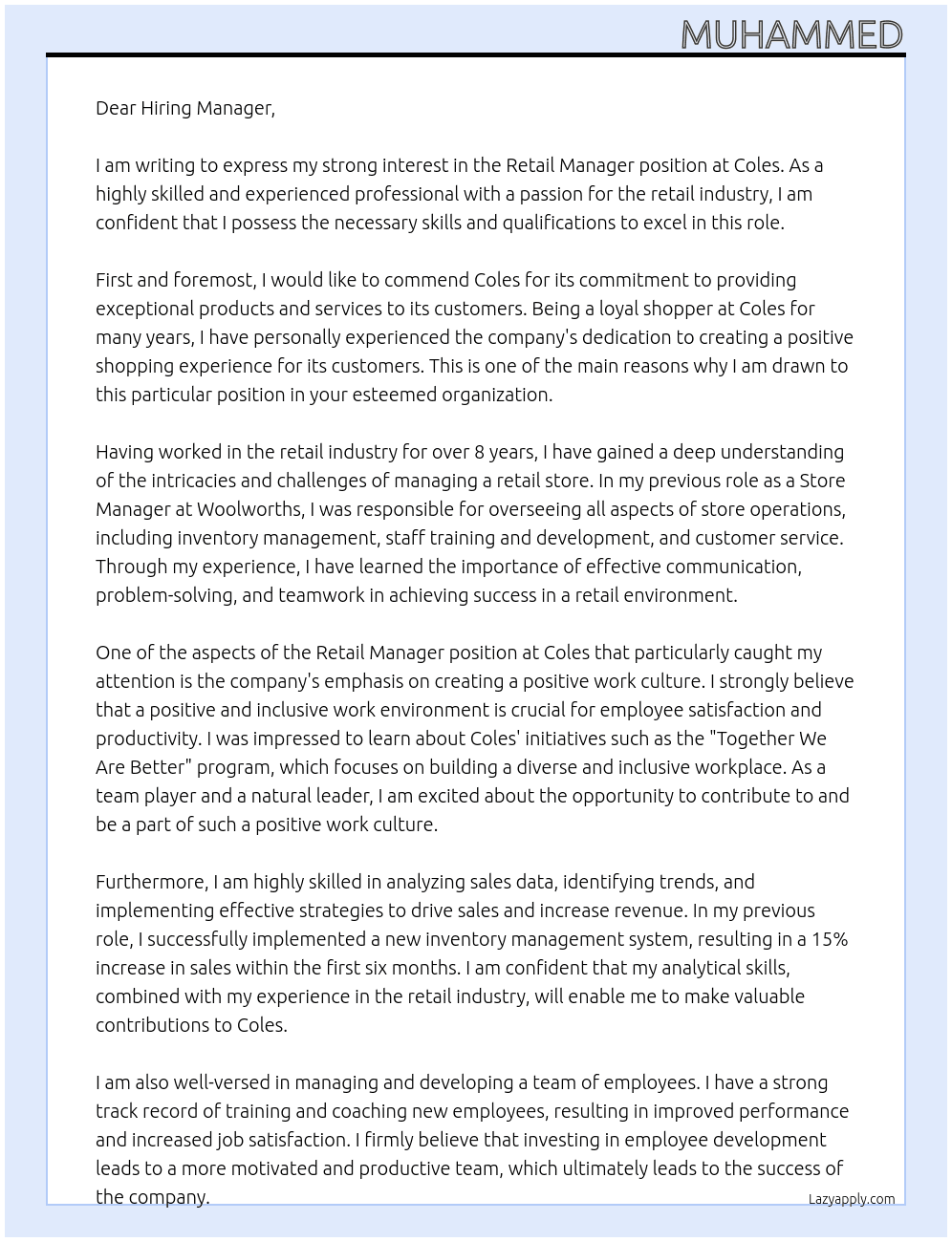 retail manager At Coles Cover Letter