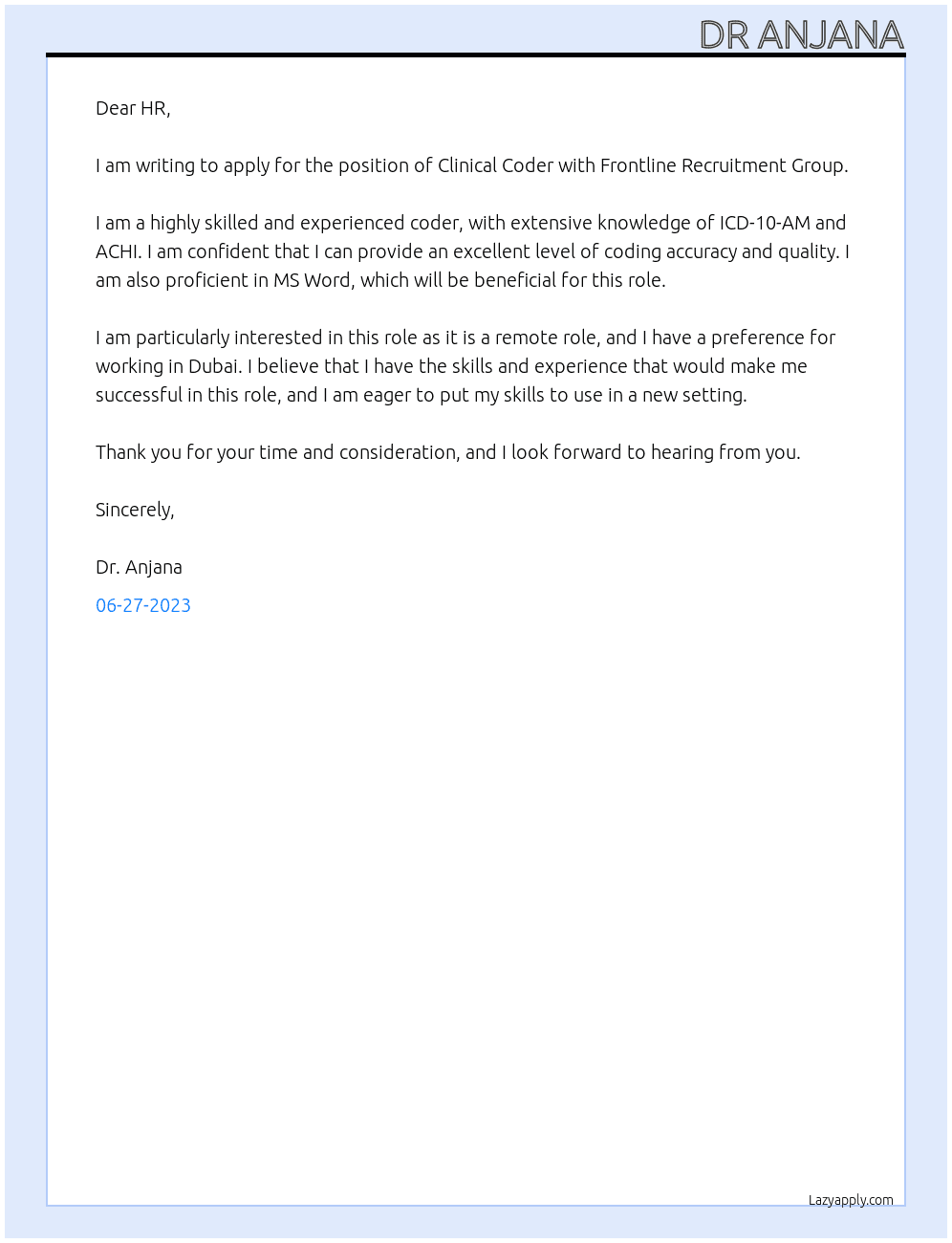 CLINICAL CODER At Frontline Recruiyment Group Cover Letter