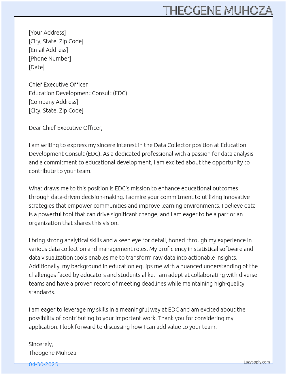 DATA COLLECTOR At Education Development Consult (EDC)  Cover Letter