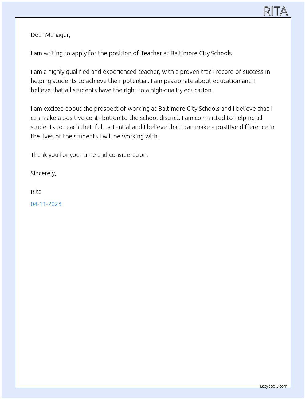 Teacher  At Baltimore City Schools  Cover Letter