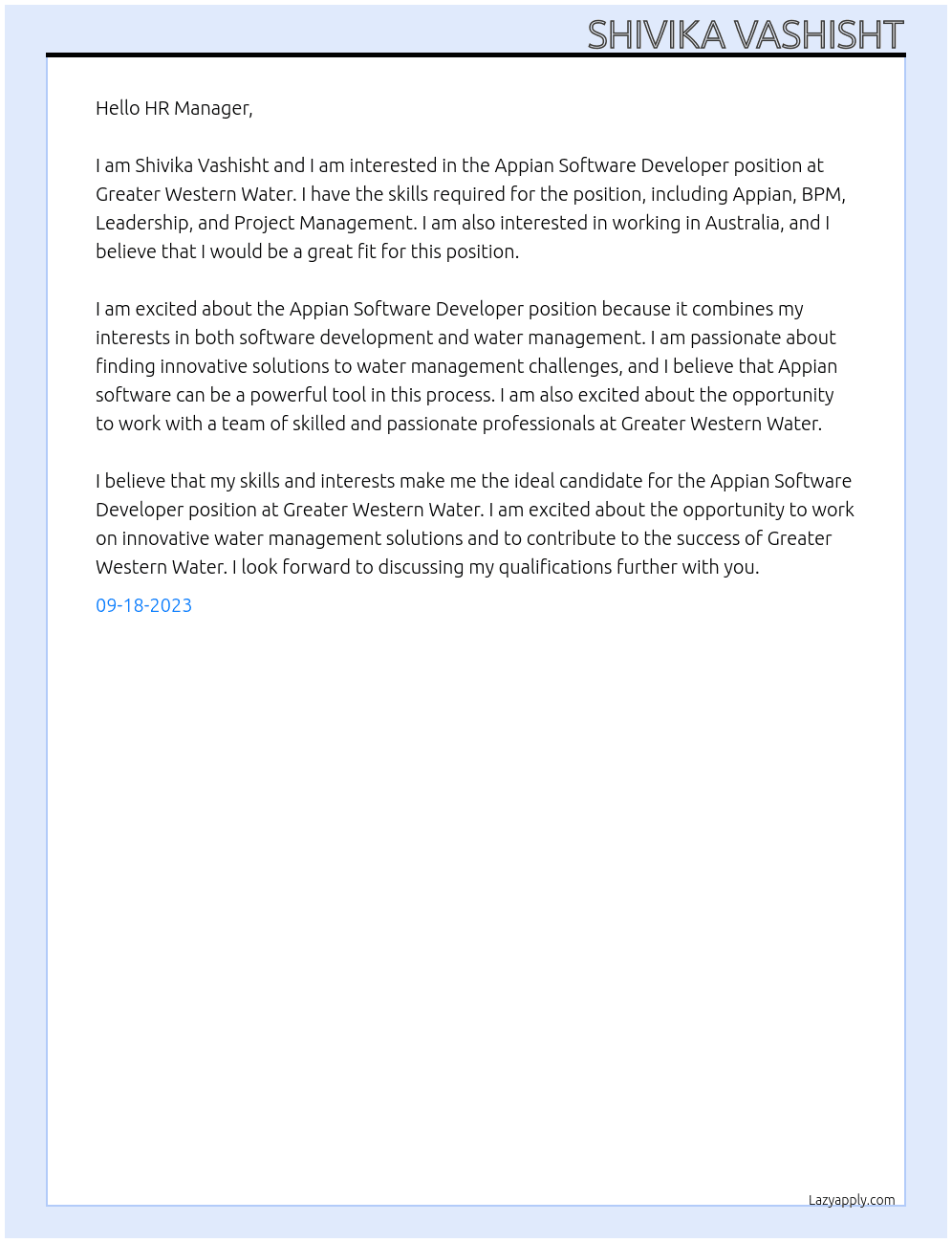 Appian Software Developer At Greater Western Water Cover Letter
