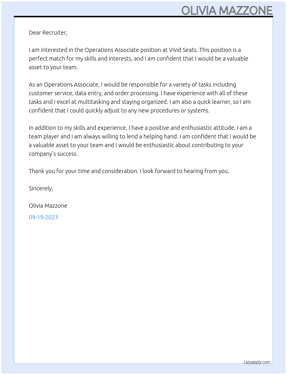 Operations Associate At Vivid Seats  Cover Letter