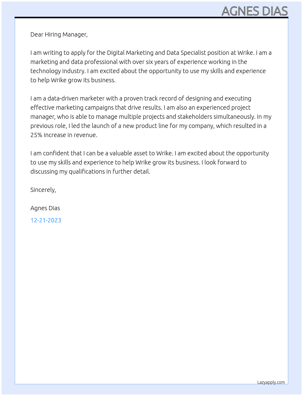 Digital Marketing and Data Specialist At Wrike Cover Letter