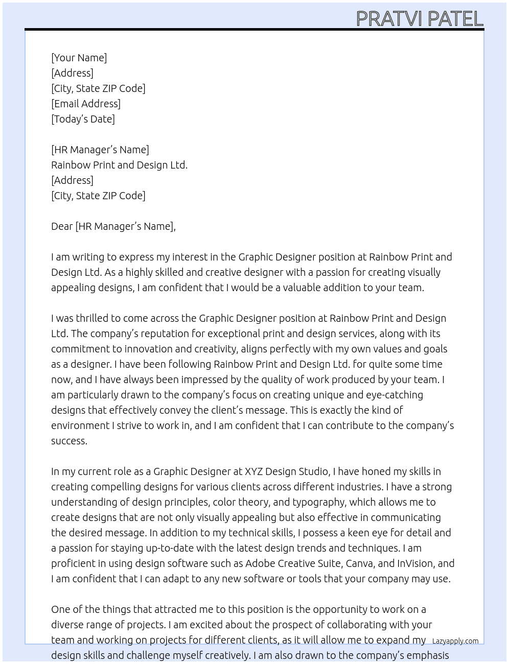 graphic designer At Rainbow print and design ltd. Cover Letter