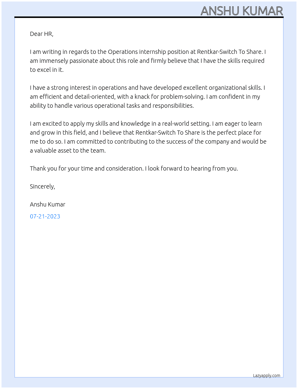 Operations internship At Rentkar-Switch To Share Cover Letter