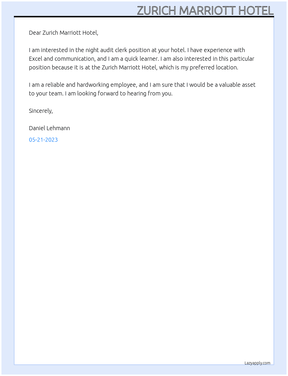 Night audit clerk At Zurich Marriott Hotel Cover Letter