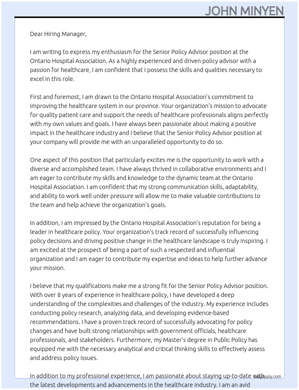Senior Policy Advisor At Ontario Hospital Association Cover Letter