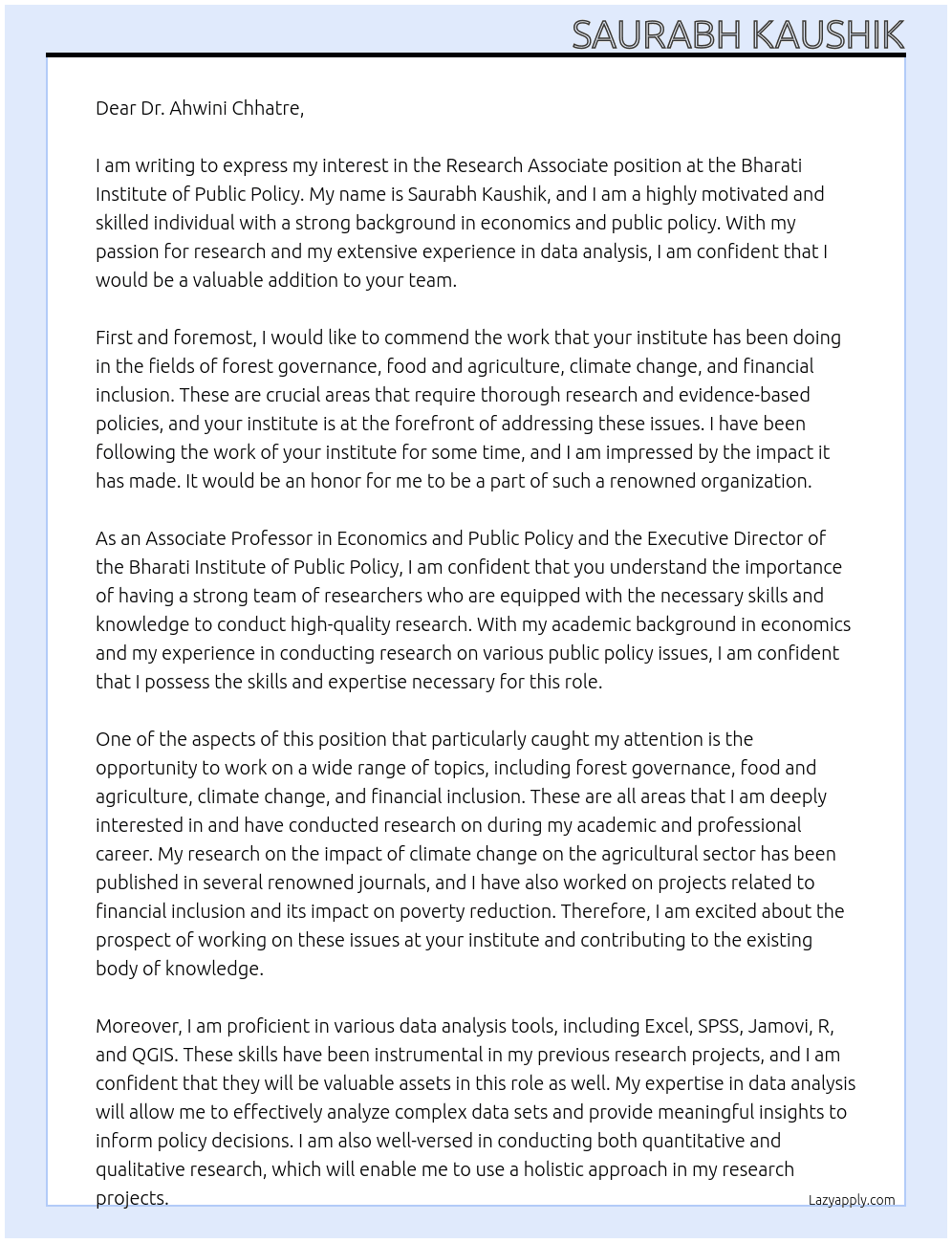 Research Associate At Bharati Institute of Public Policy - forest governance, food and agriculture, climate change, and financial inclusion Cover Letter