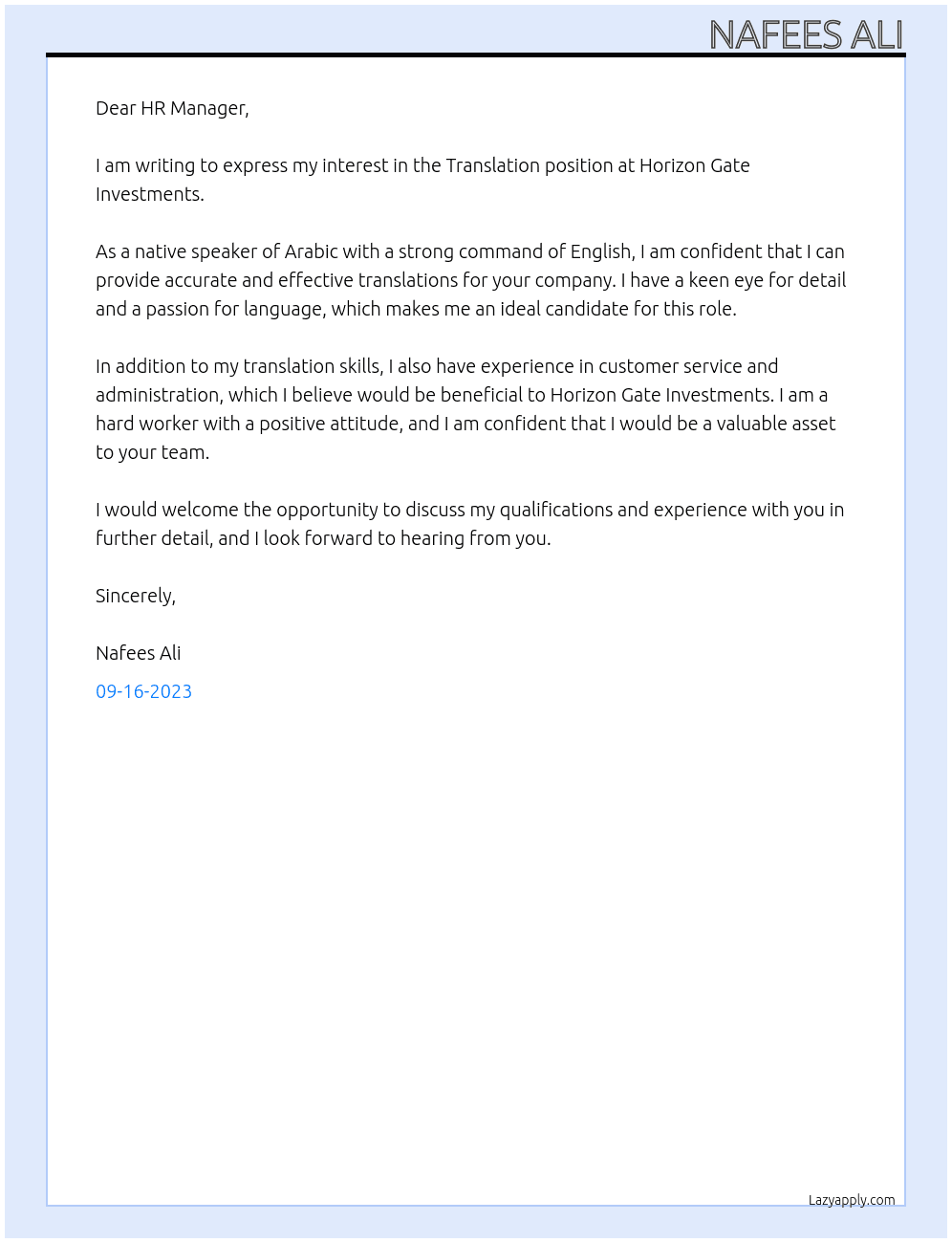 Translation At Horizon Gate Investments Cover Letter