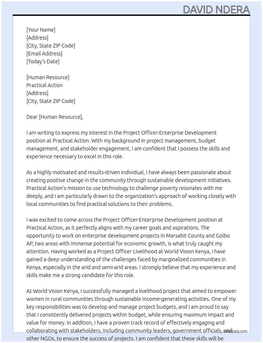 project officer-enterprise development At plactical action Cover Letter