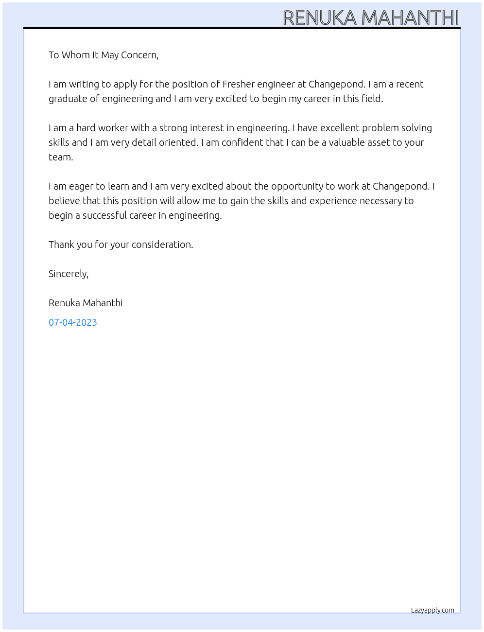 Fresher engineer At Changepond Cover Letter