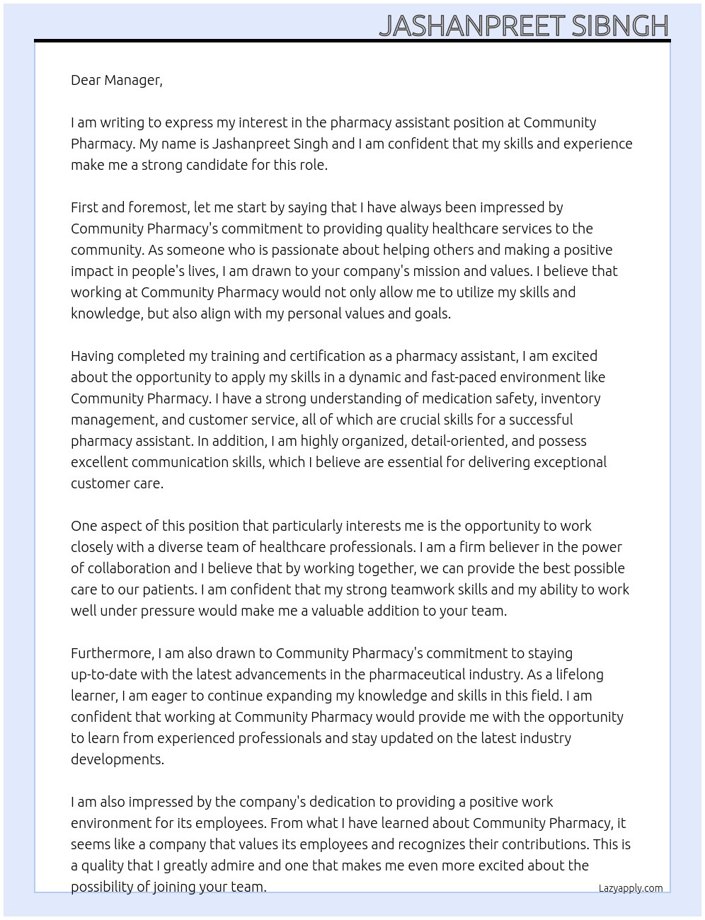 pharmacy assistant At community pharmacy Cover Letter