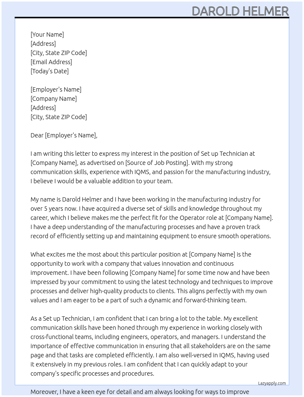 Cover letter for set up technician - LazyApply
