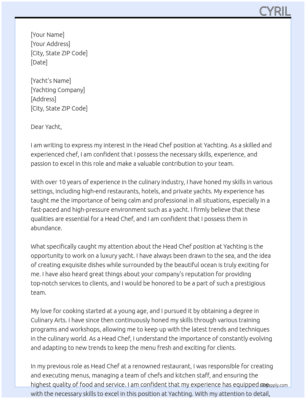 Head chef  At Yachting  Cover Letter