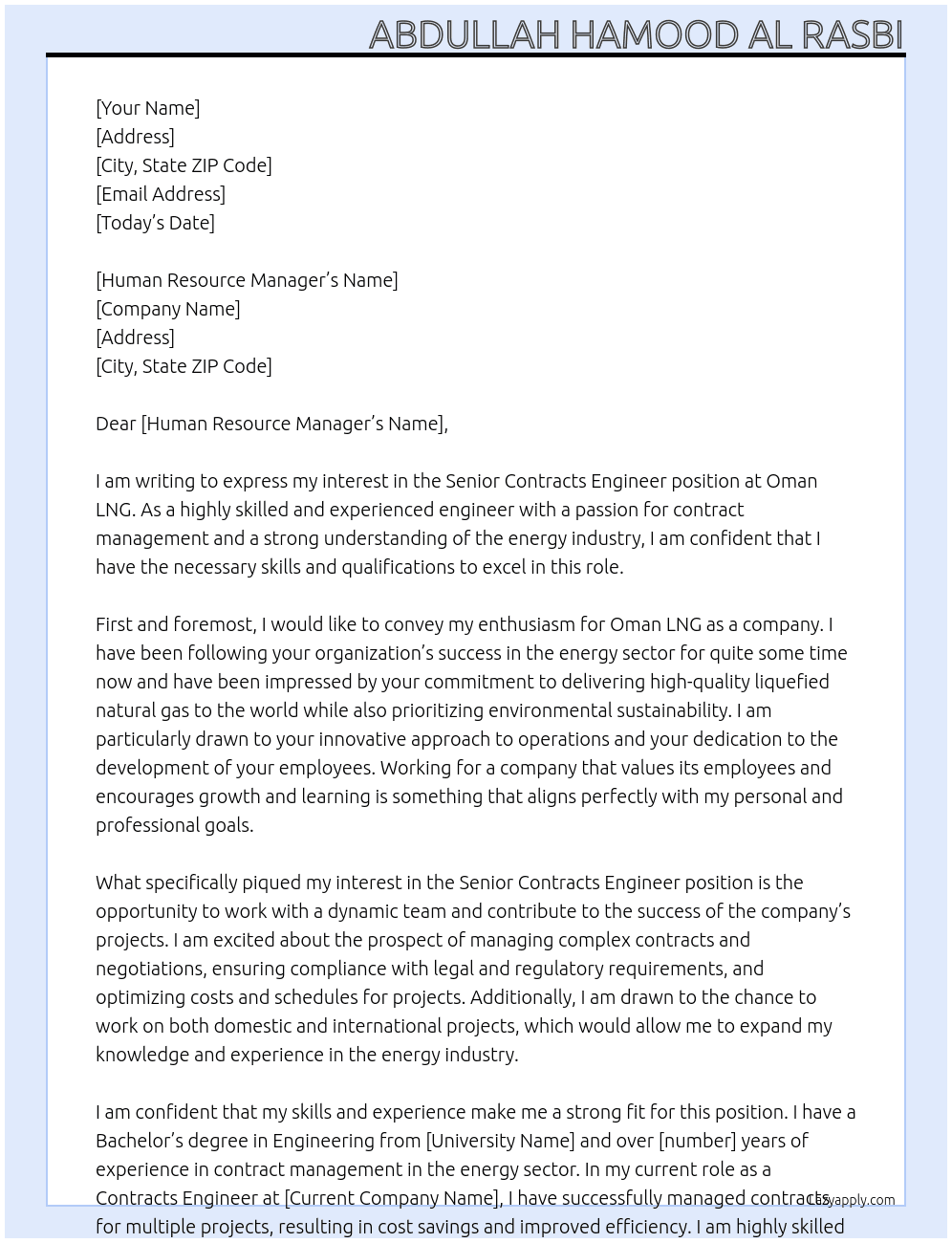 Senior Contracts Engineer At Oman LNG Cover Letter