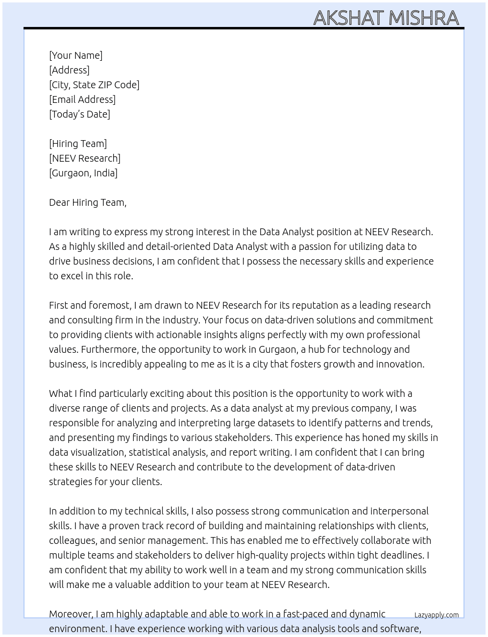 Data Analyst At NEEV Research Cover Letter
