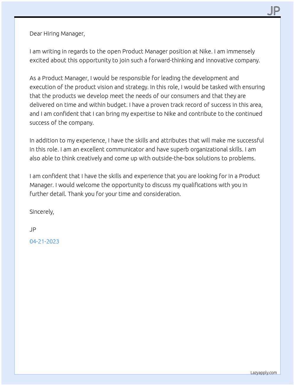 Product Manager At Nike Cover Letter