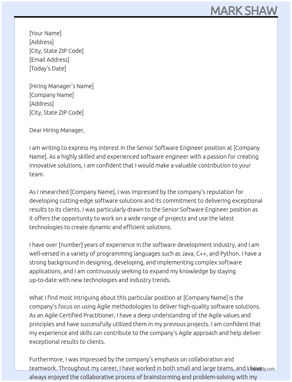 Senior Software Engineer At company Cover Letter