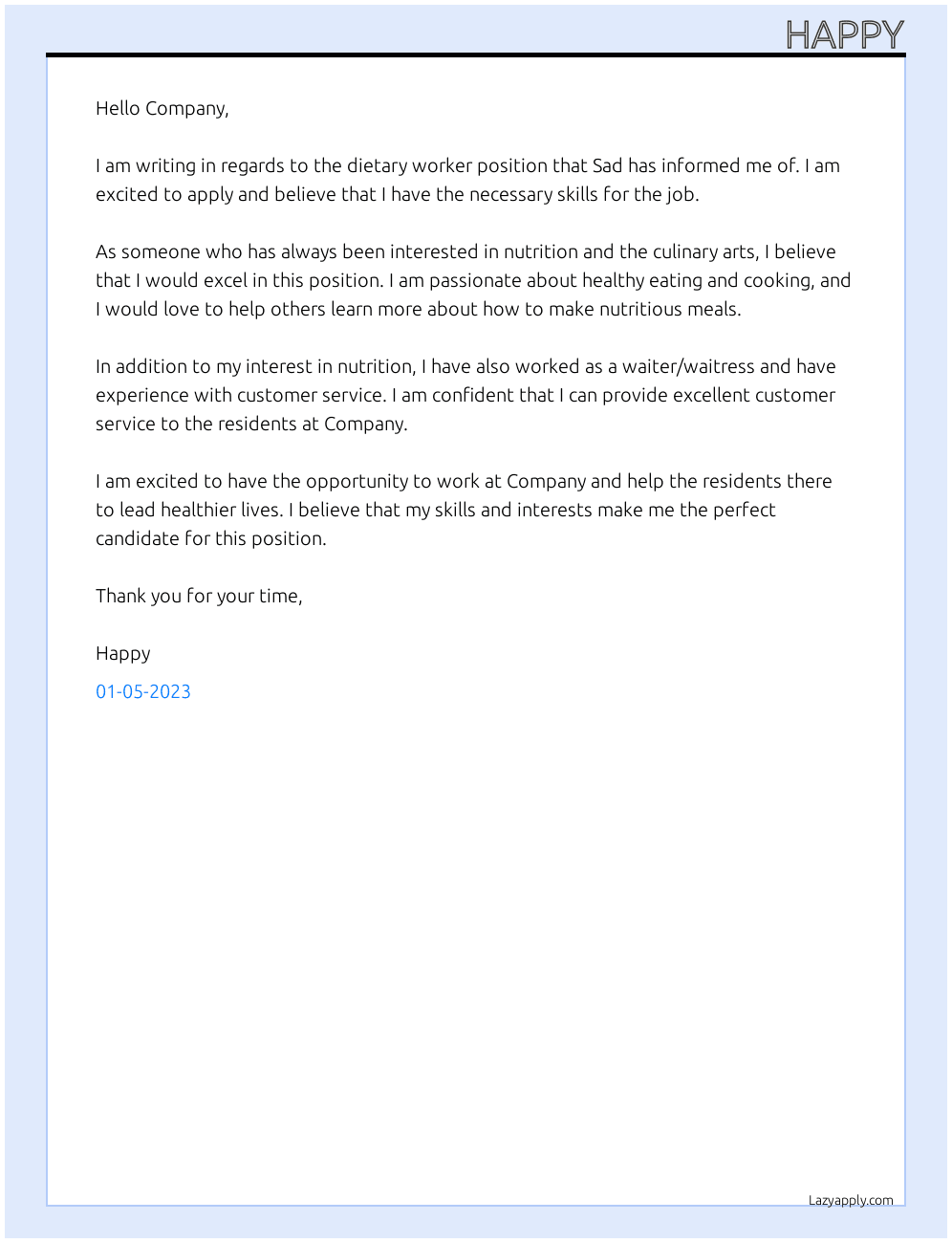 Cover letter for dietary worker - LazyApply