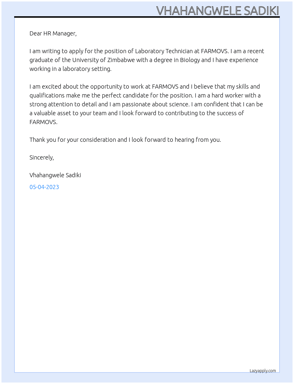Laboratory Technician At FARMOVS  Cover Letter