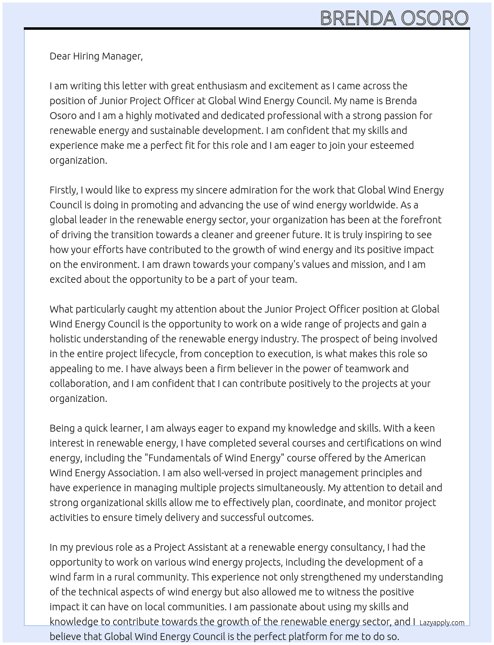 Junior Project Officer At Global Wind Energy Council  Cover Letter