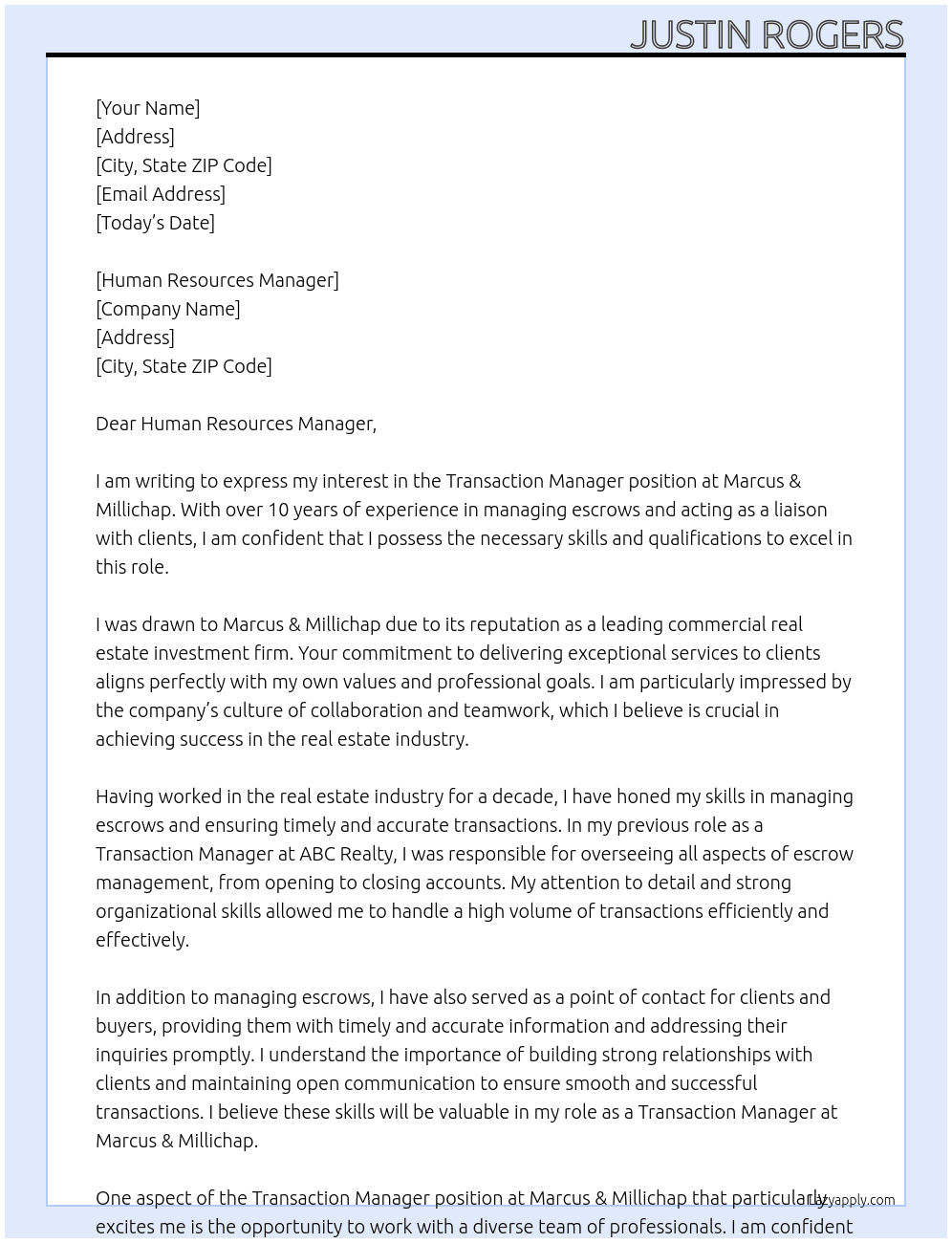 Transaction Manager At Marcus & Millichap Cover Letter
