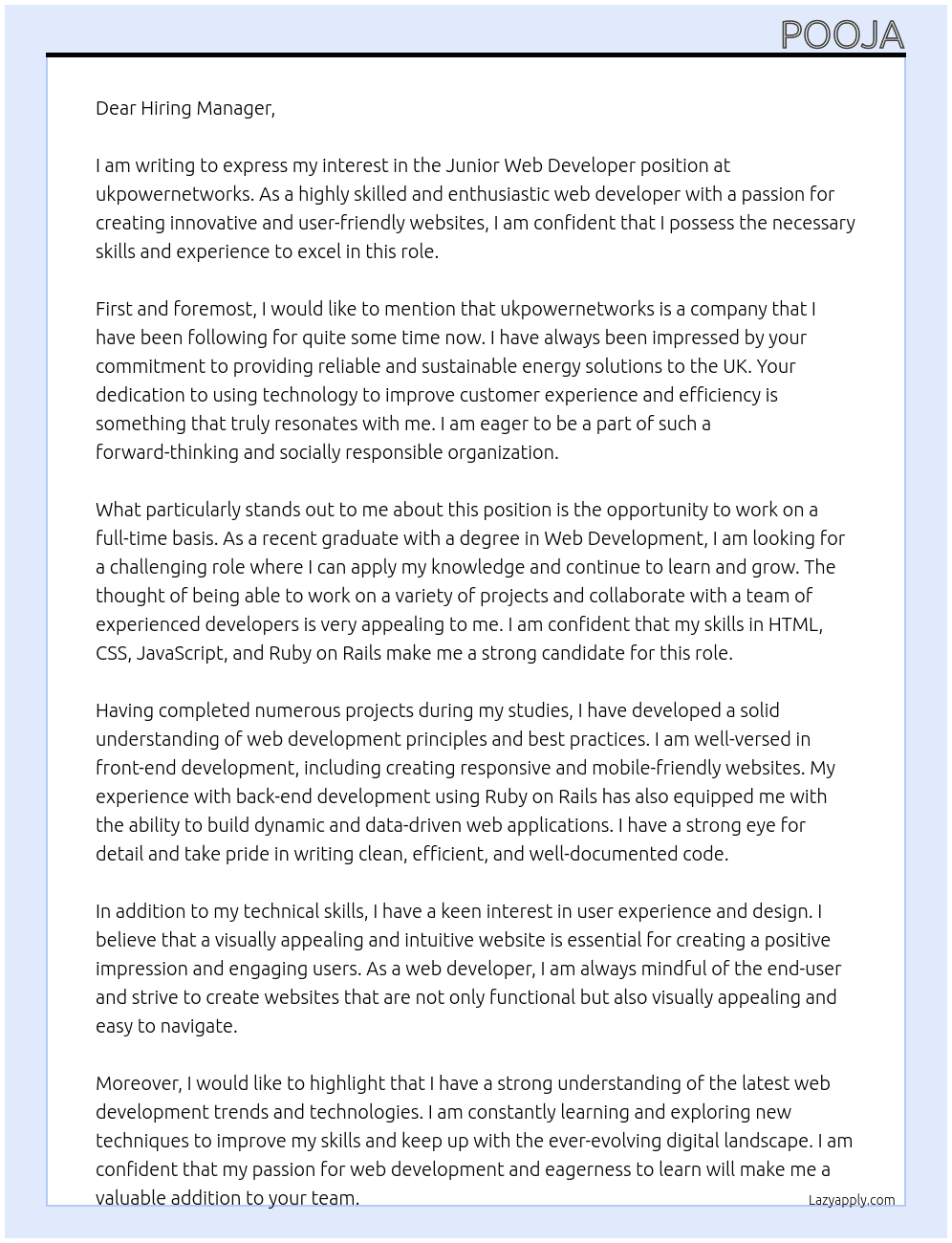 Junior Web Developer At ukpowernetworks Cover Letter