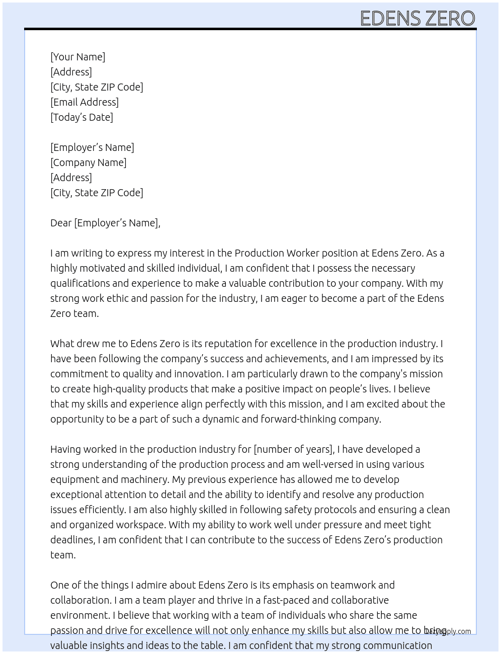 Production Worker At Edens Zero Cover Letter