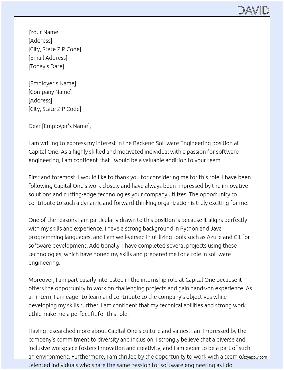 Backend Software Engineering At Capital One Cover Letter
