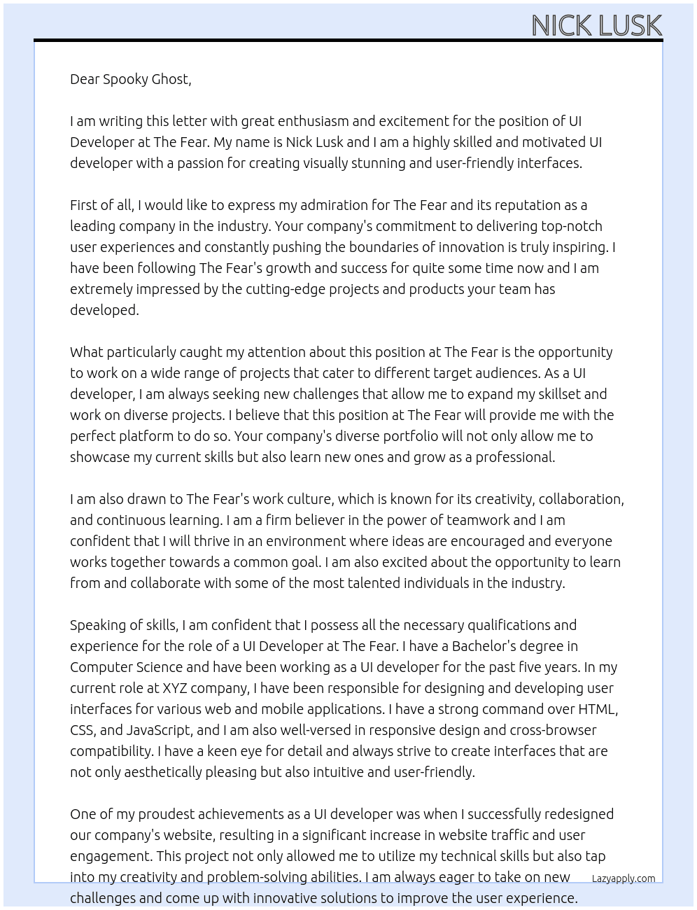 UI Developer At The Fear Cover Letter