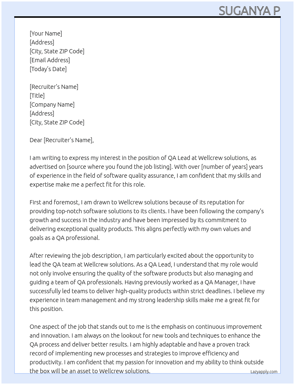 QA Lead At Wellcrew solutions Cover Letter