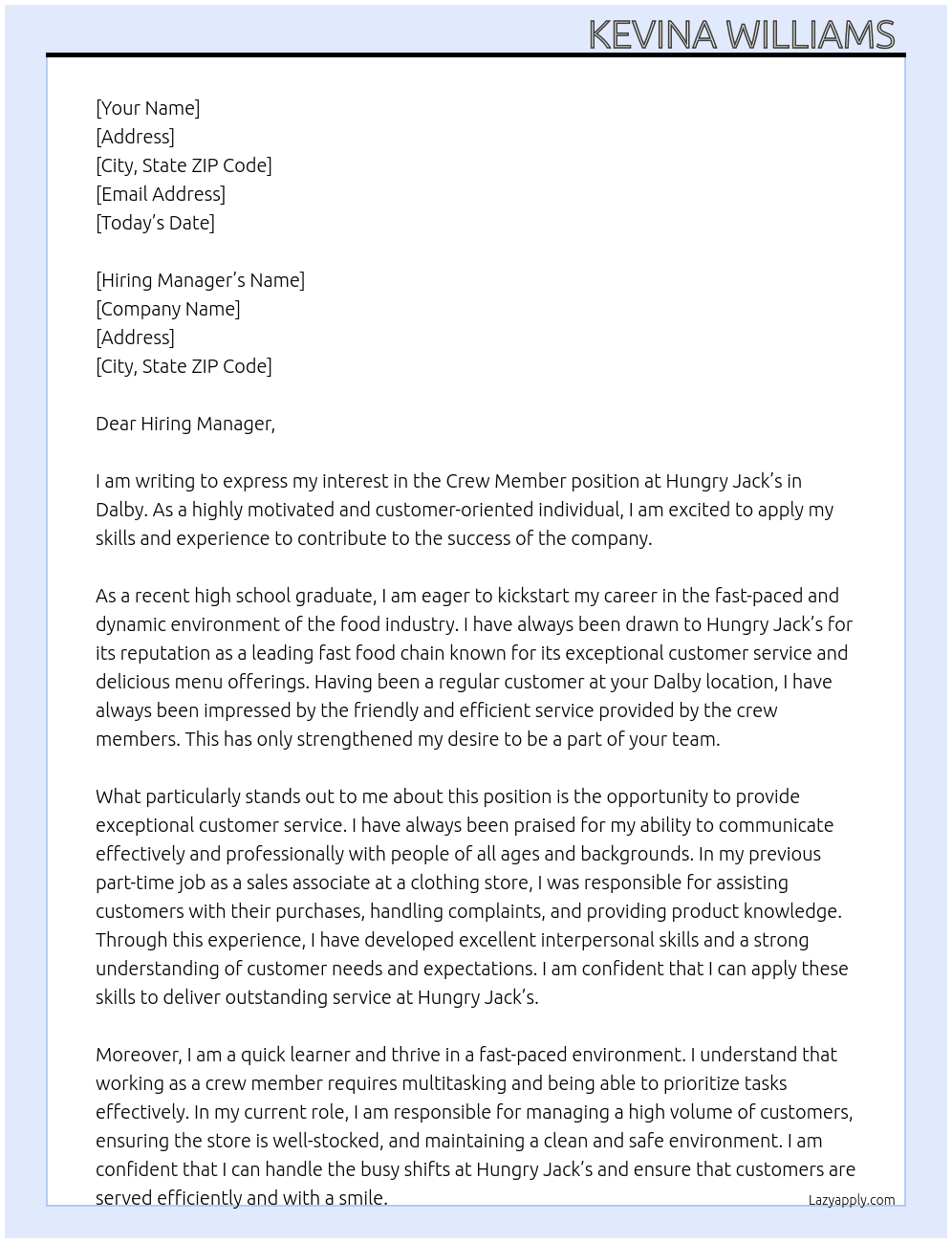 Crew Member  At Hungry Jack's  Cover Letter