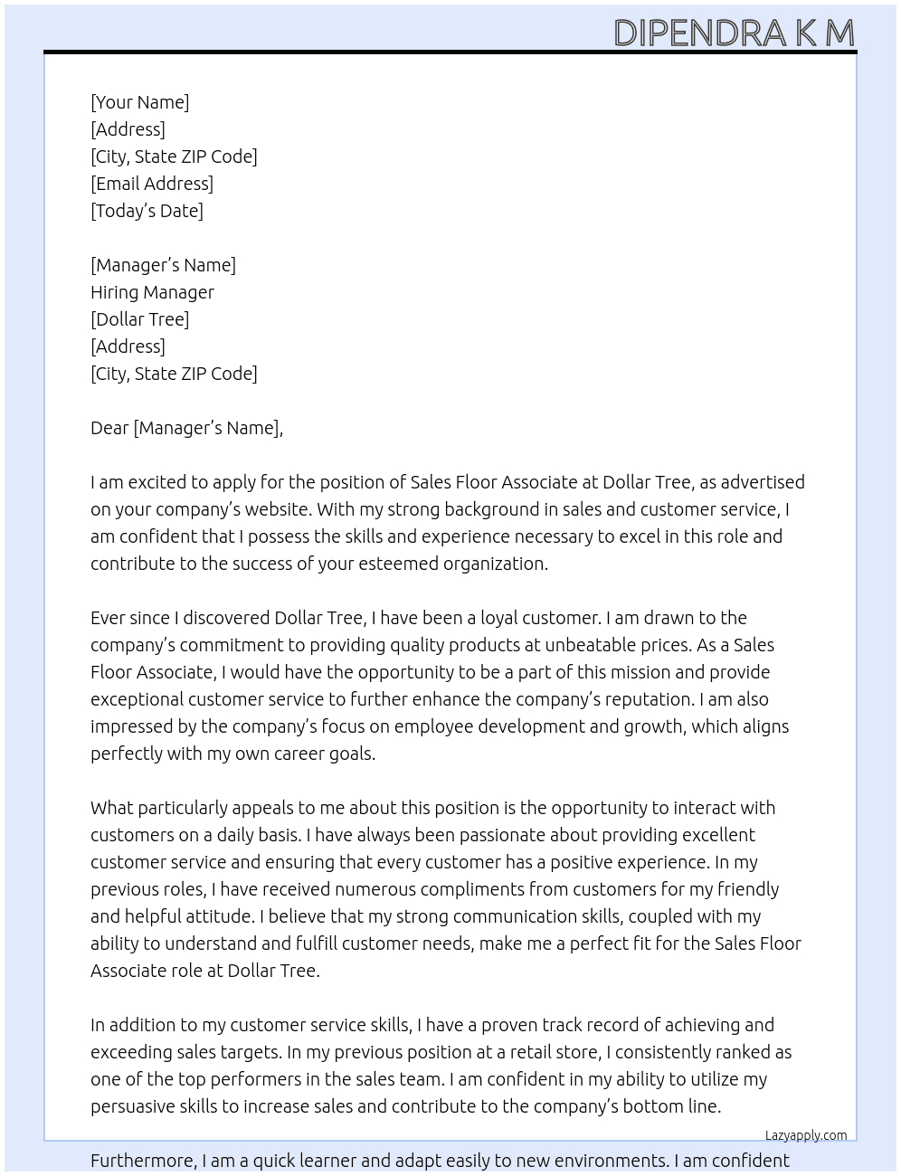 Sales Floor Associate At Dollar Tree Cover Letter