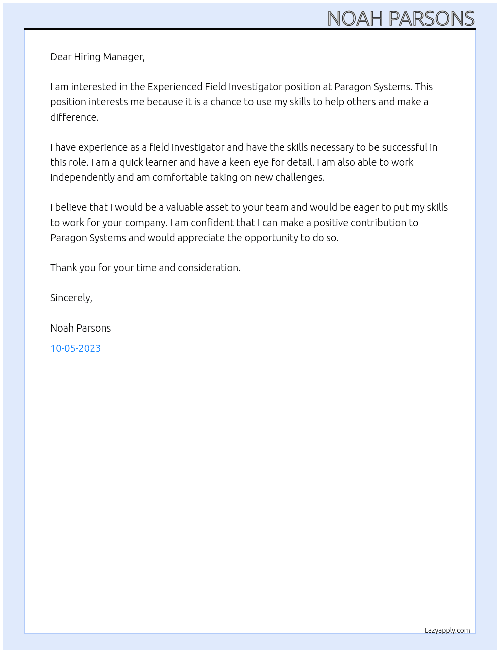 Experienced Field Investigator At Paragon Systems Cover Letter