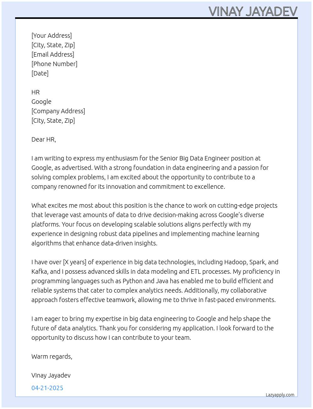 Cover letter for senior big data engineer - LazyApply