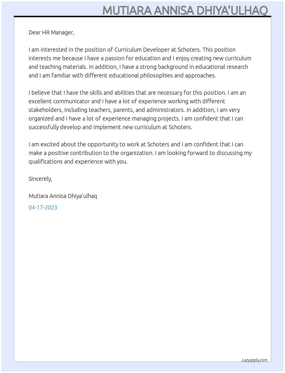 Curriculum Developer At Schoters Cover Letter