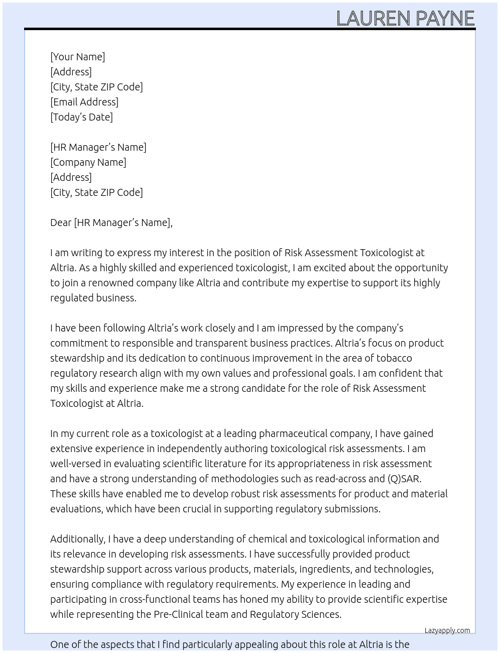 Risk Assessment Toxicologist At Altria Cover Letter