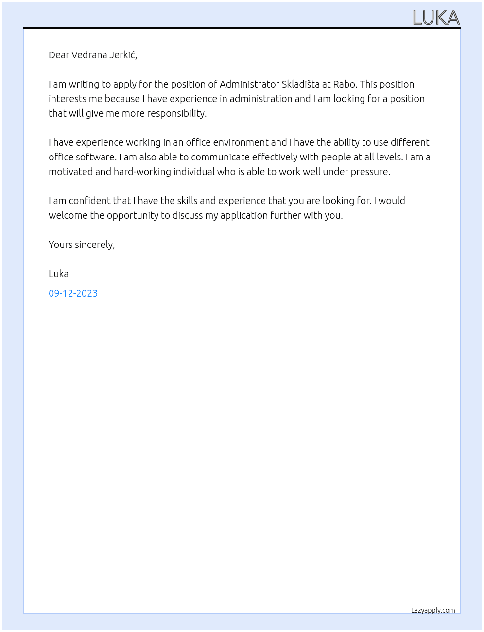 Administrator Skladišta At Rabo Cover Letter