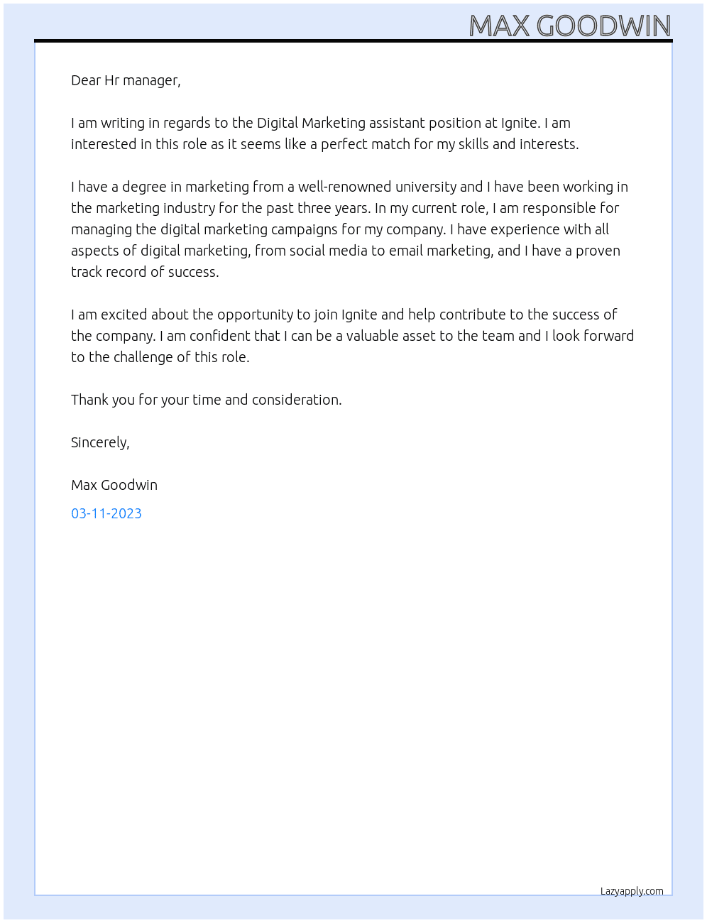 Digital Marketing assistant At Ignite Cover Letter
